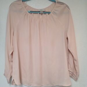 LOFT Women's Blush Pink Crochet-Trim Long Sleeve Top